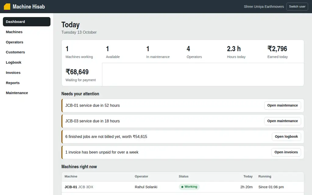 Machine Hisab owner dashboard with machines working, hours today and unpaid invoices